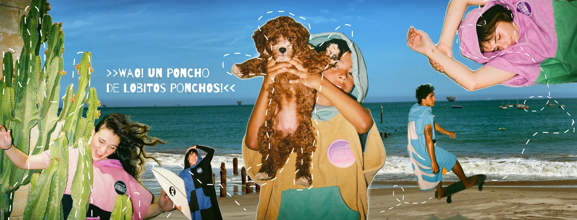 ¡Wao! Un poncho de Lobitos Ponchos: un niño con un cachorro en brazos y jóvenes con ponchos de colores en la playa