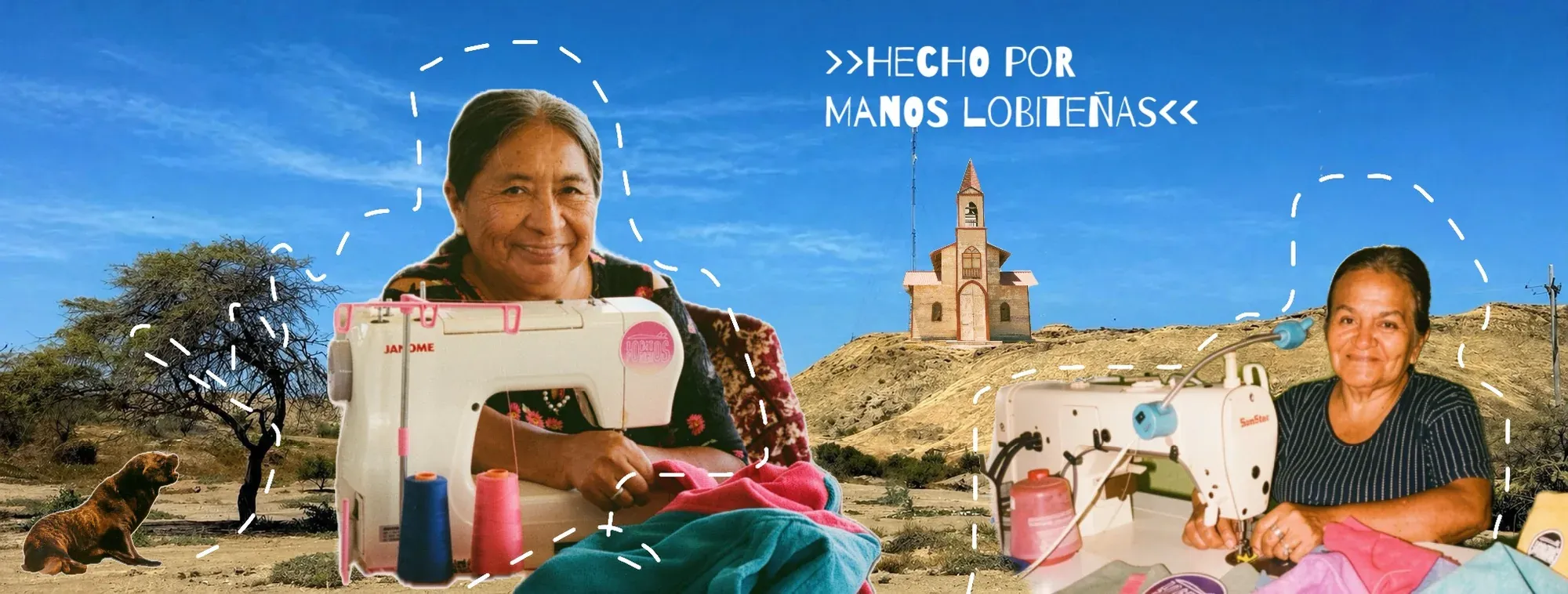 Hecho por manos lobiteñas: dos de nuestras abuelas cosiendo en sus máquinas, con la iglesia de Lobitos al fondo