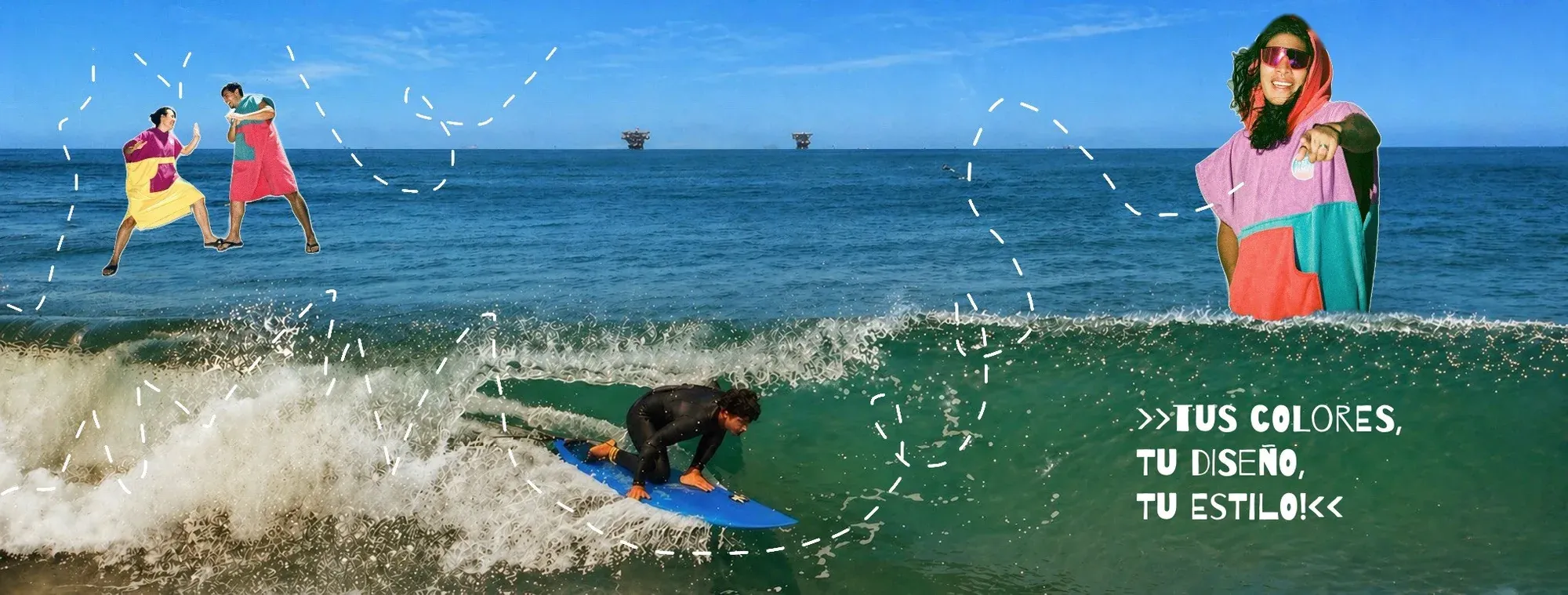 Tus colores, tu diseño, tu estilo: un surfista en una ola y jóvenes con ponchos bicolor